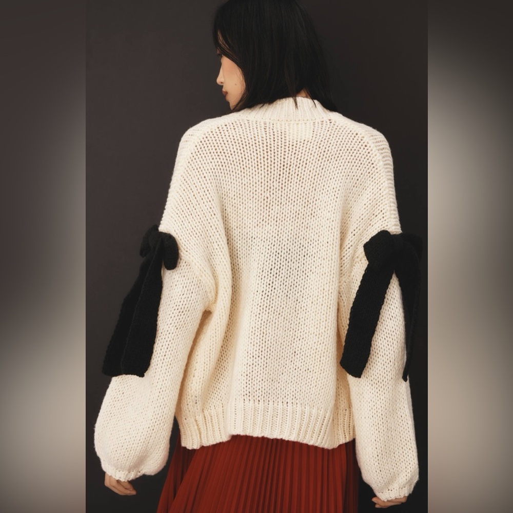Maeve Chunky Bow Cardigan Sweater cream black knit